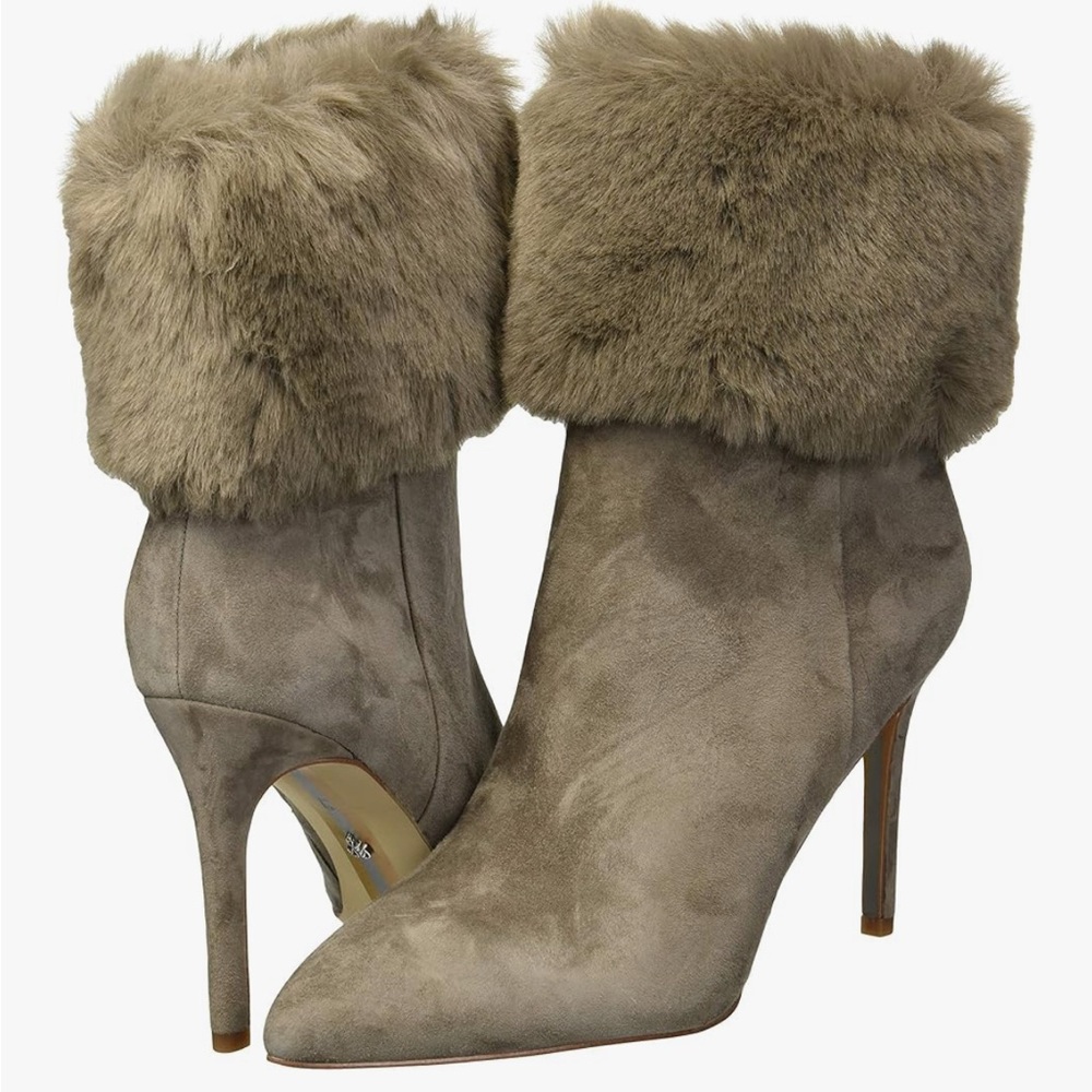 Sam Edelman Oleana Flint Grey Suede Faux Fur Trim Stiletto Booties New!  NIB